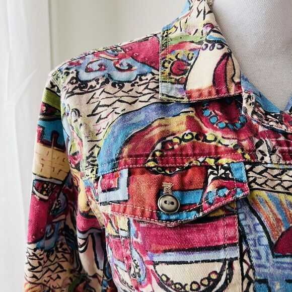 Chico's Colorful Abstract Faces Wearable Art Denim Jacket - Size 1 (Medium Sz 8) - Picture 3 of 9